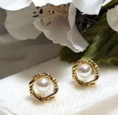 K18★サークルデザイン★リースの様な一粒あこや真珠ピアス