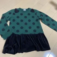 JUEGO キッズ　長袖　トレーナー　チュニック　グリーン　ドット柄　ベロア