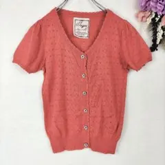 良品★INGNI　オレンジ系　 Vネック 半袖カーディガン M　お花ボタンのサムネイル