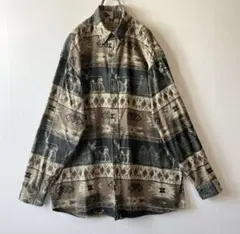 USA古着 ネイティブ柄デザインシャツ ア ニマル柄 総柄柄シャツ 長袖 XL