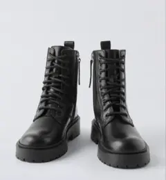 ZARA ザラキッズ　レースアップ　リアルレザー　ブーツ　ブラック　レディース