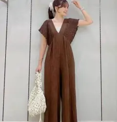 LOWRYSFARM 2回着用ブラウン フリル袖 サロペット