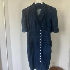 デニム　昭和　レトロ　ダークブルー 刺繍付きボタンワンピース