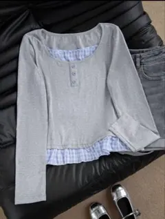 グレー 長袖 ヘンリー・ネック トップス