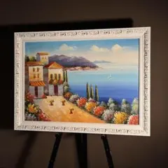 セルジュ・ルゴンによる「地中海への道」 風景画 油彩 海と町の風景 セルジュ・ルゴンによる「地中海への道」 風景画 油彩 海と町の風景
