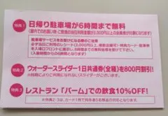 【５名様までスライダー８００円割引券など】スパリゾートハワイアンズ　特典カードＢ