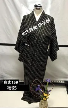 YK-055 大島紬 格子柄 しつけ糸 正絹 広衿 袷