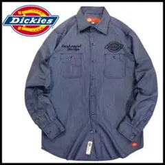 M/古着 Dickies ディッキーズ 長袖 ワークシャツ ロゴ刺繍 ストライプ