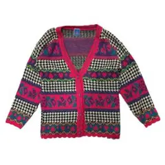 80s USA製 NEW MOVES アクリル カーディガン M 総柄 薔薇