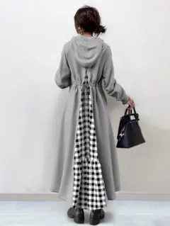 ワンピース　ギンガムチェック　フード付き ロング　バックスリット