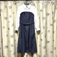 シャツロングワンピース グレーとホワイト ベルト付大きいサイズL