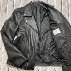 美品✨タケオキクチ ダブルライダースジャケット ラムレザー ロゴ総柄 ブラック