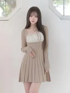 Darich ネックリボンデザインフレアニットミニワンピース