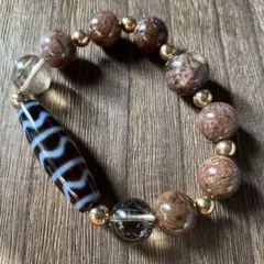 天珠　天然石　水紋天珠+希少種ブラウンルチル&ガーデンクォーツ&スモーキールチル