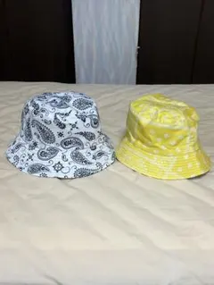 バケットハット 2点セット 白黒ペイズリーと黄色ドット