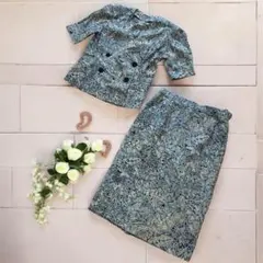 ヴィンテージ 総刺繍 セットアップ 花柄 ペイズリー柄 ブラウス スカート 青