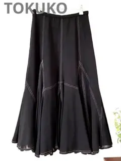 【美品】トクコ　薄手　ロングフレアスカート　春夏秋　ブラック　ステッチ　上質　Mのサムネイル
