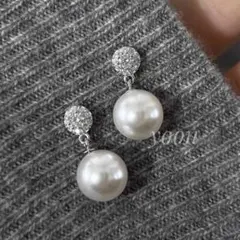 キラキラジルコニアパールイヤリング　シルバー　韓国　ゆらゆら　ダイヤ　結婚式