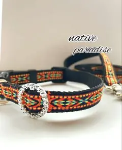 ＊小型犬用　首輪＆リード＊15mmネイティブ柄 Black