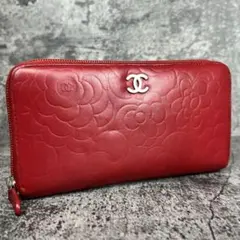 CHANEL カメリア レザー ラウンドファスナー 長財布 レッド