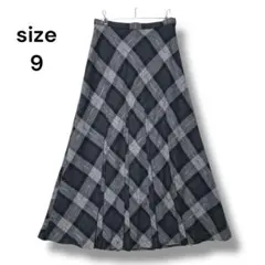 レディース　スカート　ロング　プリーツ　９　グレー系　チェック柄　フレア