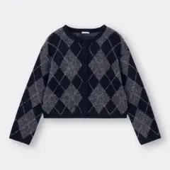 【美品】GU アーガイル ショート カーディガン（長袖）+E NAVY XL