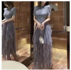 グレー レースティアードロングドレス