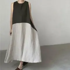 新品 Aライン ノースリーブ コットン バイカラー ワンピース カーキ
