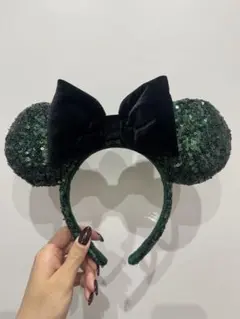 ダークグリーン スパンコール ミッキー耳カチューシャ