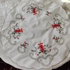 ドイツヴィンテージ 赤糸刺繍キャンドル クリスマス 円形クロス59cm