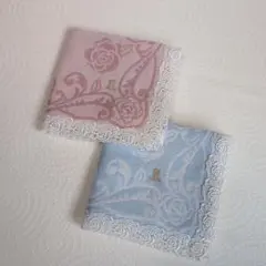 ランバン LANVIN タオルハンカチ ２枚セット 花柄レースの縁取り
