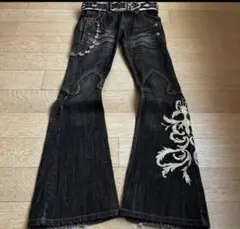 刺繍デザイン フレアデニム ブラック　y2k 00s グランジ　opium