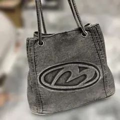 グレー デニム ショルダーバッグ ロゴ入り