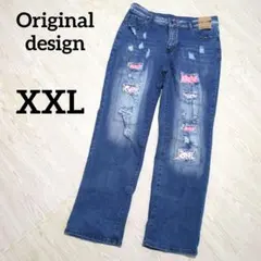 【XXL】ダメージデニムパンツ 　オリジナルデザイン　パッチワーク　レディース