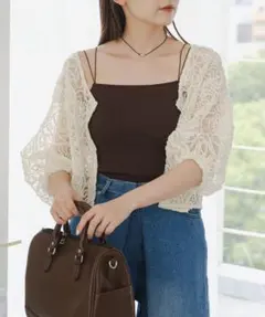 シアーレース5分袖カーディガン　アイボリー