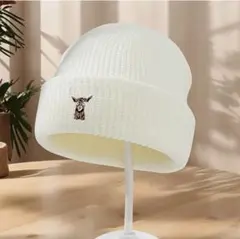 MAKEFGE ホワイトニット帽 鹿刺繍