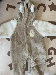 ベージュ クマ耳 フリースロンパース　50〜70cm