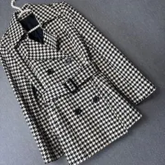 ダブルブレストコート　ハウンドトゥース　ウール　レーヨン　L 千鳥柄　ベルト付き
