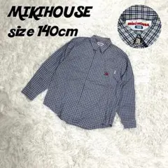 【a731】ミキハウス 140cm 子供 刺繍 チェック柄 シャツ Tシャツ