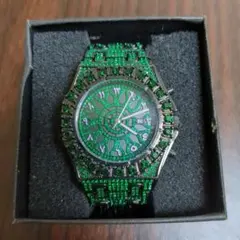 緑色 ビジュー装飾 メンズ時計