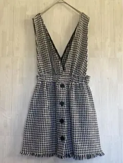 ZARAザラ 水色 白 黒 チェック 膝丈ワンピース