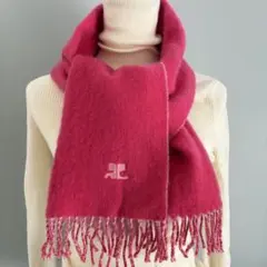 courreges クレージュ リバーシブル マフラー ロゴ刺繍 フリンジピンク