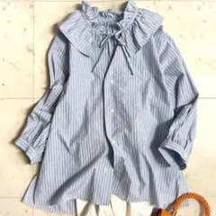 美品 ヌキテパ コットン ドビー フリルカラーブラウス 洗える グリーン