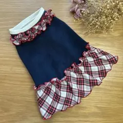犬服　ハンドメイド　小型犬用　春物　ワンピ　インディゴブルー×チェック