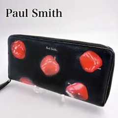ポールスミス 長財布 ラウンドファスナー りんご柄 レディース 黒 レザー