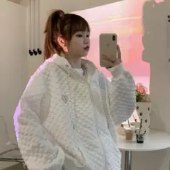 ジップアップパーカー L ホワイト ワッフルチェック アウター フード付き