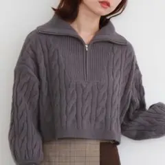archives ハーフzip ショート ケーブルニット チャコールグレー