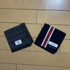 Calvin Klein ダークグレーチェック、ネイビーストライプハンカチセット