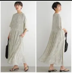 アメリカンホリック　グリーン ティアードプリーツワンピースロング丈 ５分袖