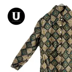 ＼トップス／ 長袖 ブラウス 総柄 グリーン 幾何学 アート柄 レトロ 古着